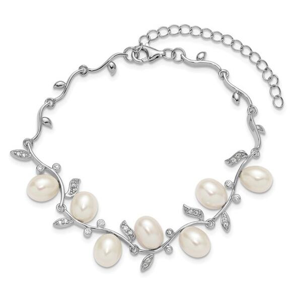 Sterling Silver Rhodium-Plated Pearl & CZ Leaf Bracelet (7” + 1” Extender) - Picture 5 of 5